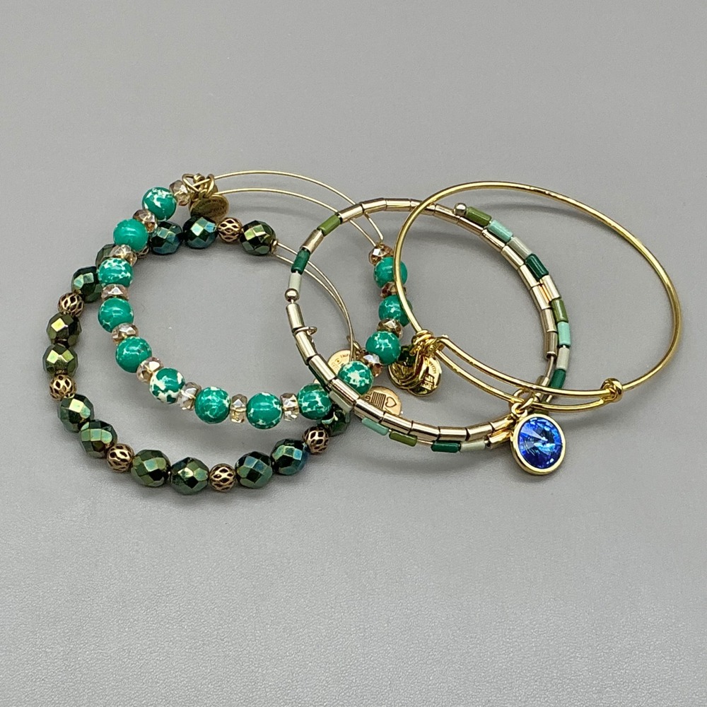 Alex and Ani Bangle Bracelet Set Women Green Gold Beaded Crystal Stackable 4pc